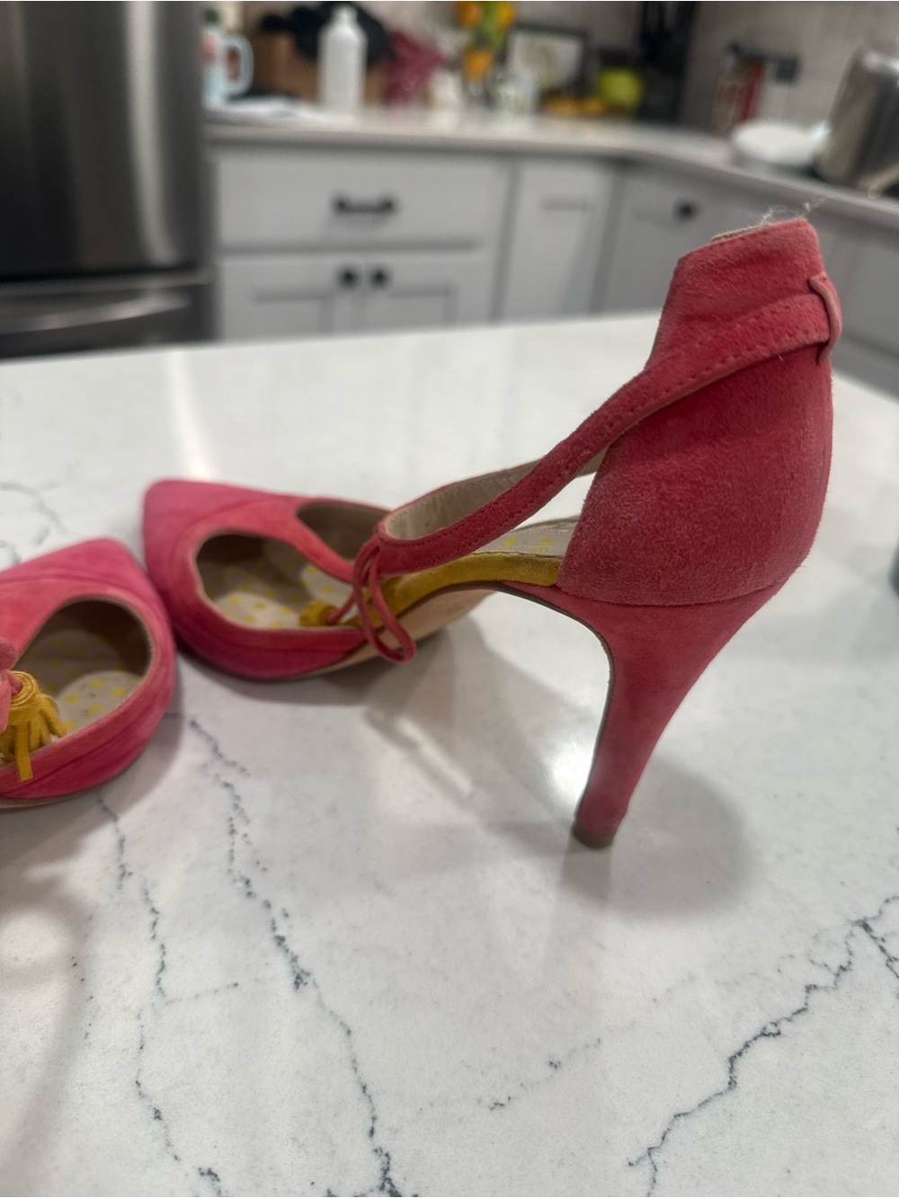 Boden “Alice” Pink Suede Ankle Strap Heels Yellow Tassels 7.5- 8 (38) - Picture 7 of 14
